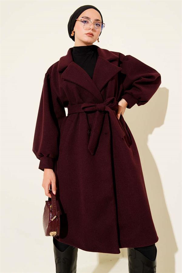 Balloon Cufflinked Cashmere Coat Burgundy