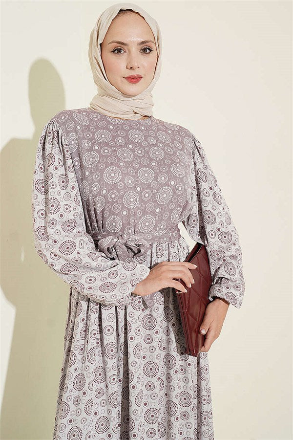 Balloon Sleeve Ruffled Crinkle Dress Grey