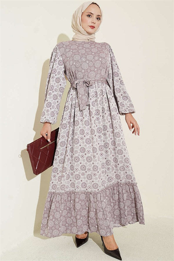 Balloon Sleeve Ruffled Crinkle Dress Grey