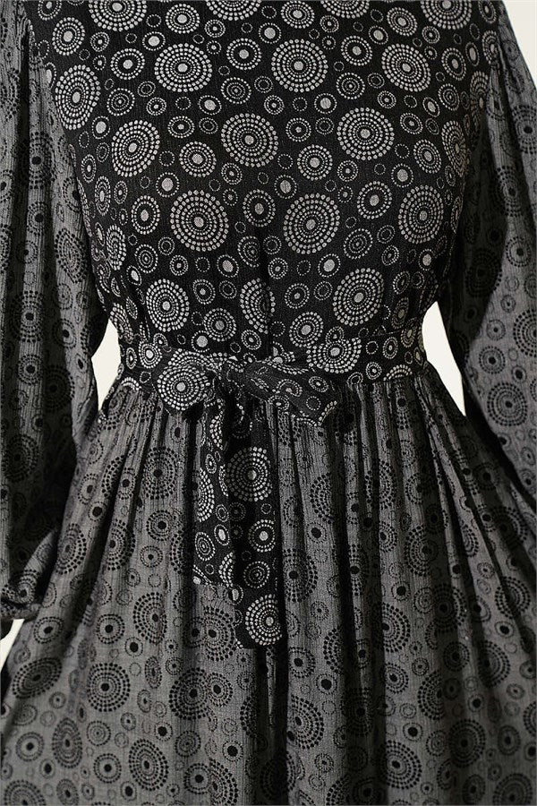 Balloon Sleeve Ruffled Crinkle Dress Black