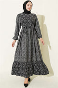 Balloon Sleeve Ruffled Crinkle Dress Black