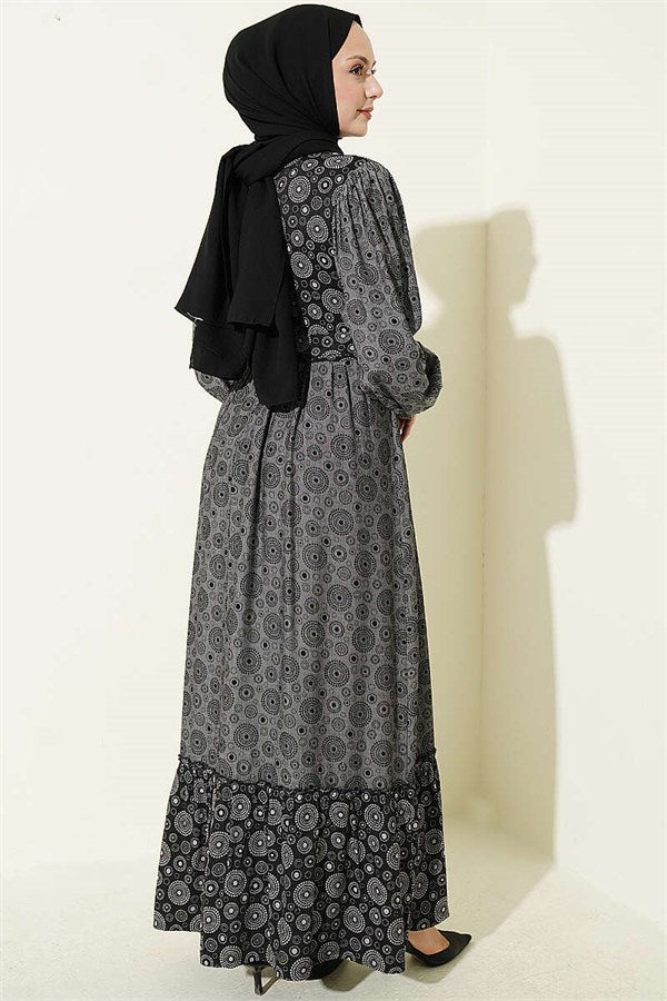 Balloon Sleeve Ruffled Crinkle Dress Black