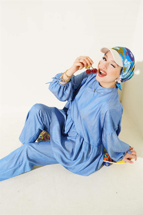 Balloon Sleeve Ruffle Parachute 2 Piece Set Blue