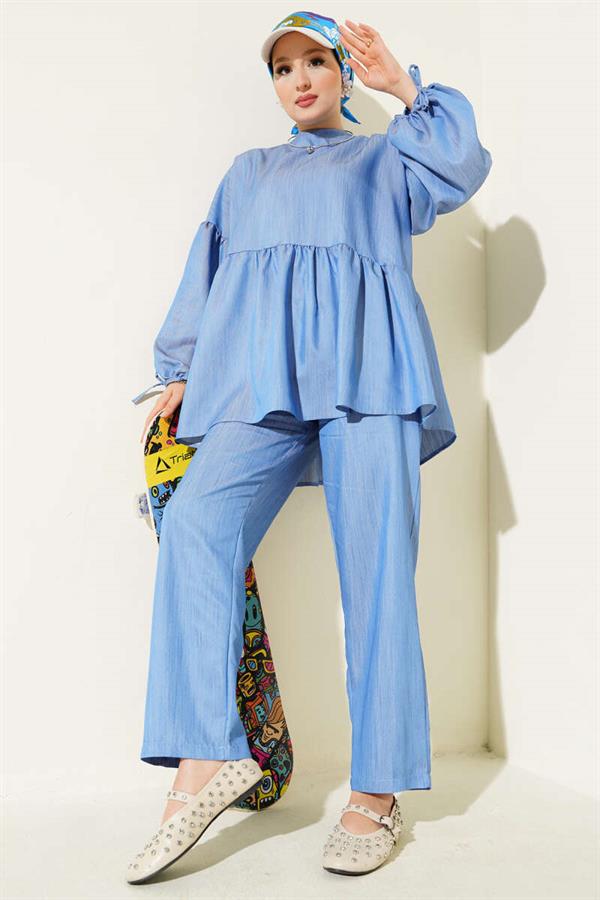 Balloon Sleeve Ruffle Parachute 2 Piece Set Blue