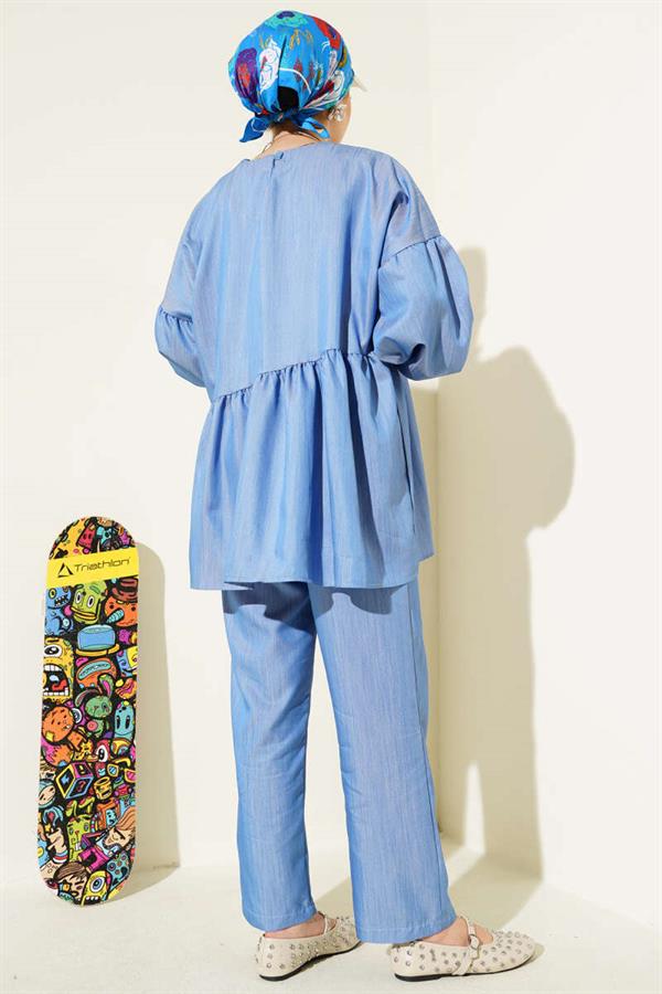 Balloon Sleeve Ruffle Parachute 2 Piece Set Blue