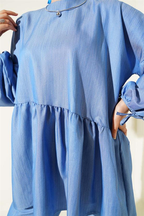 Balloon Sleeve Ruffle Parachute 2 Piece Set Blue