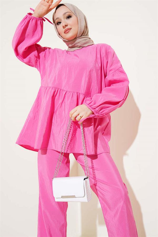 Balloon Sleeve Ruffle Parachute 2 Piece Set Pink