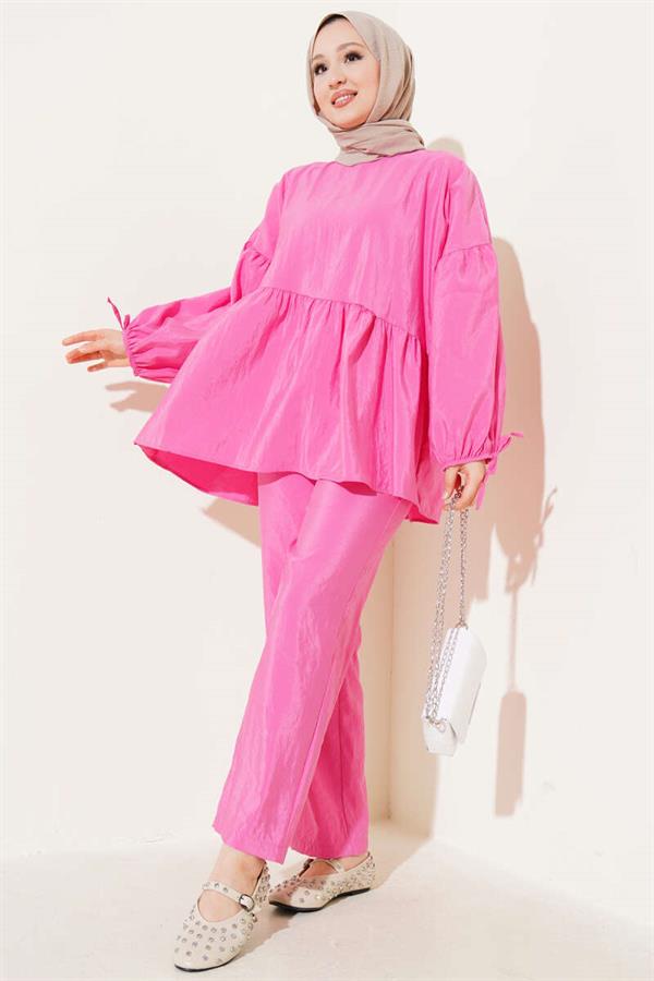 Balloon Sleeve Ruffle Parachute 2 Piece Set Pink