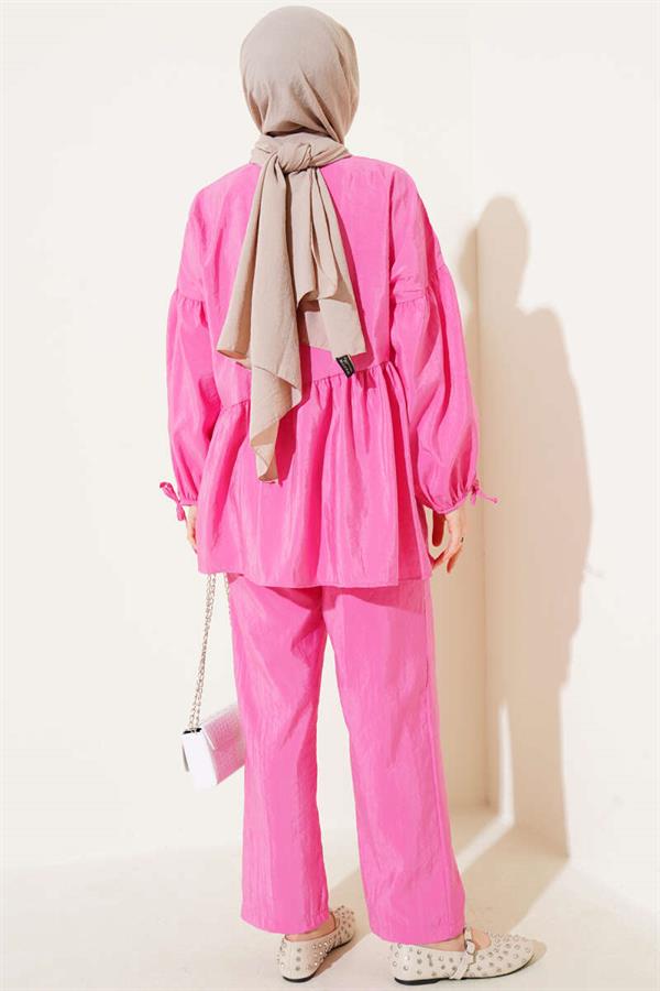 Balloon Sleeve Ruffle Parachute 2 Piece Set Pink