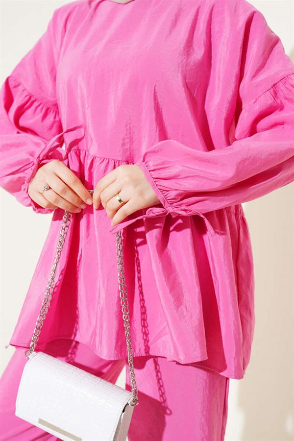 Balloon Sleeve Ruffle Parachute 2 Piece Set Pink