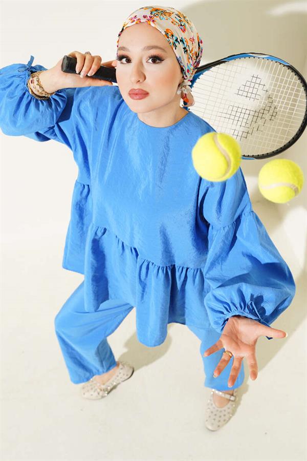 Balloon Sleeve Ruffle Parachute 2 Piece Set Saxe