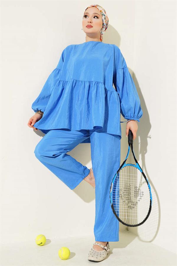 Balloon Sleeve Ruffle Parachute 2 Piece Set Saxe