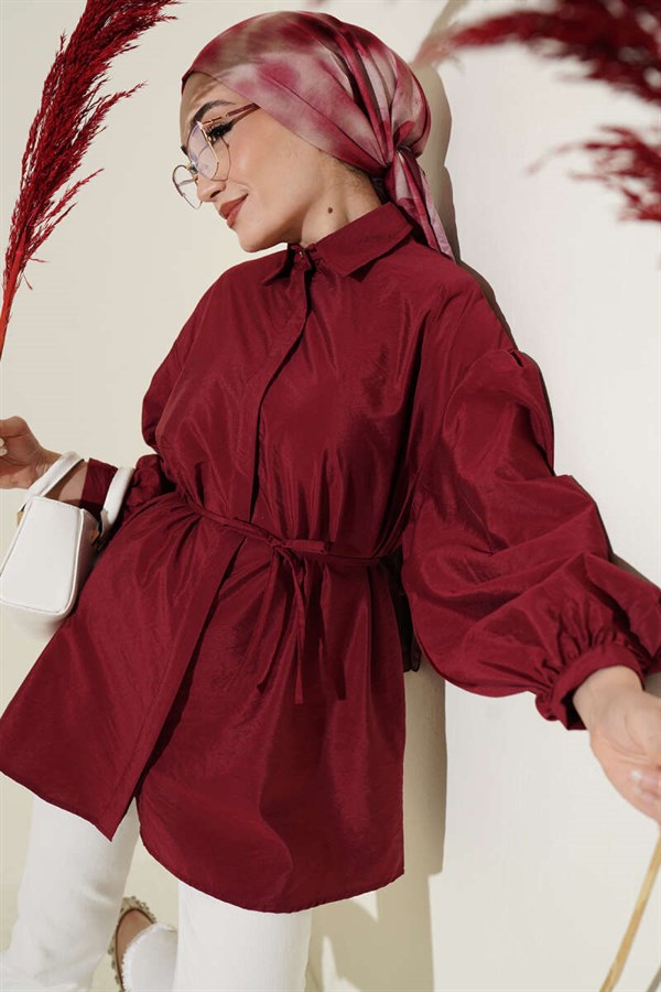 Balloon Sleeve Concealed Button Parachute Shirt Burgundy