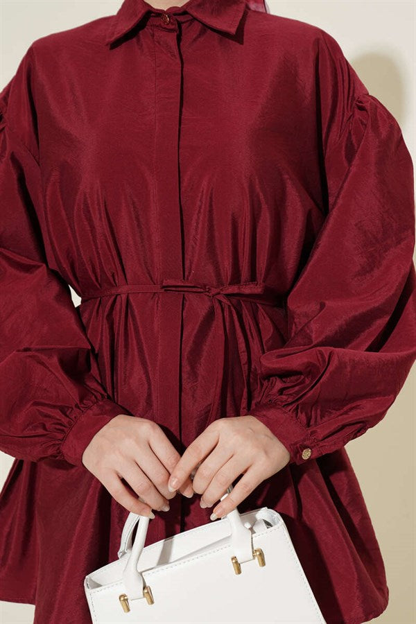 Balloon Sleeve Concealed Button Parachute Shirt Burgundy