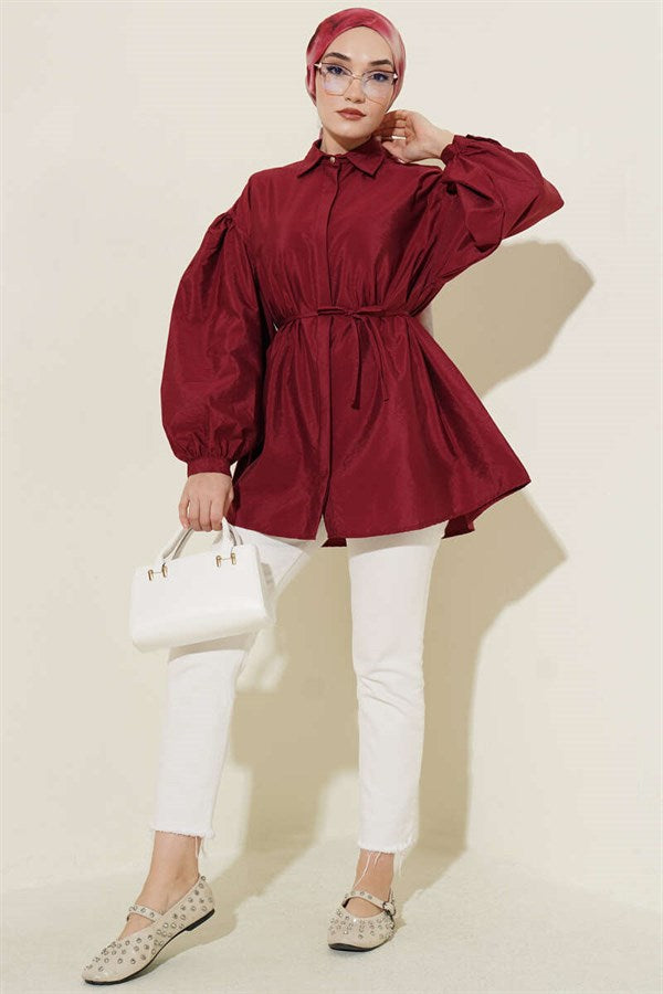 Balloon Sleeve Concealed Button Parachute Shirt Burgundy