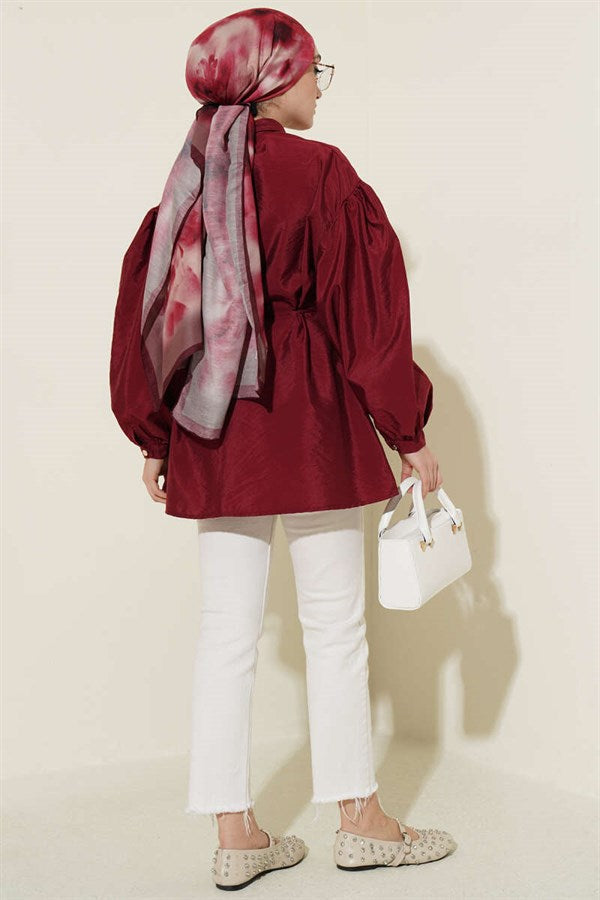 Balloon Sleeve Concealed Button Parachute Shirt Burgundy