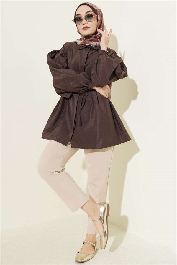 Balloon Sleeve Concealed Button Parachute Shirt Coffee