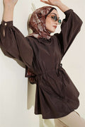 Balloon Sleeve Concealed Button Parachute Shirt Coffee