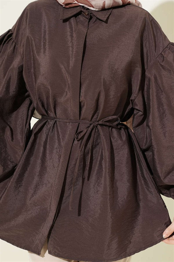Balloon Sleeve Concealed Button Parachute Shirt Coffee