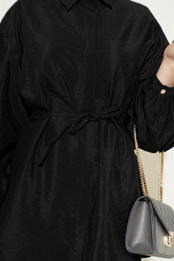 Balloon Sleeve Concealed Button Parachute Shirt Black