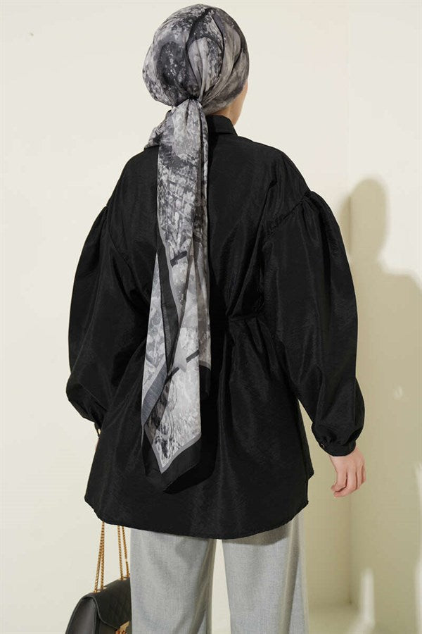 Balloon Sleeve Concealed Button Parachute Shirt Black
