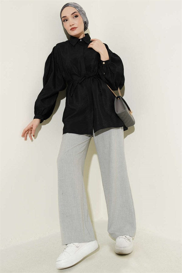 Balloon Sleeve Concealed Button Parachute Shirt Black