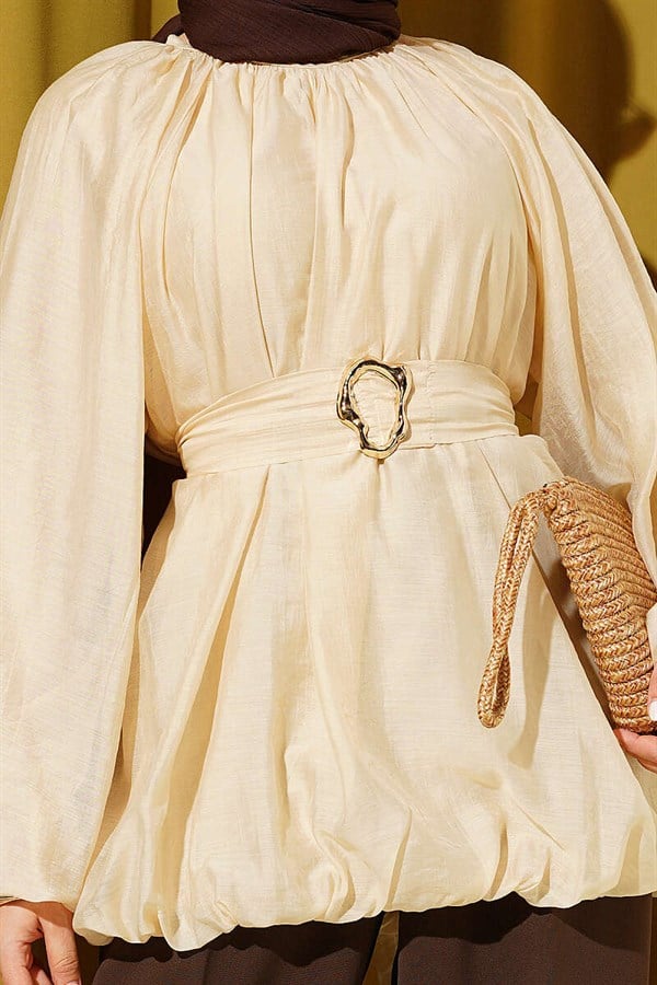Balloon Sleeve Tunic with Gold Buckle Belt, Beige