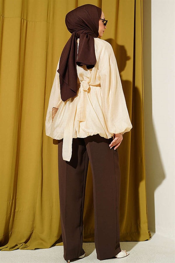 Balloon Sleeve Tunic with Gold Buckle Belt, Beige