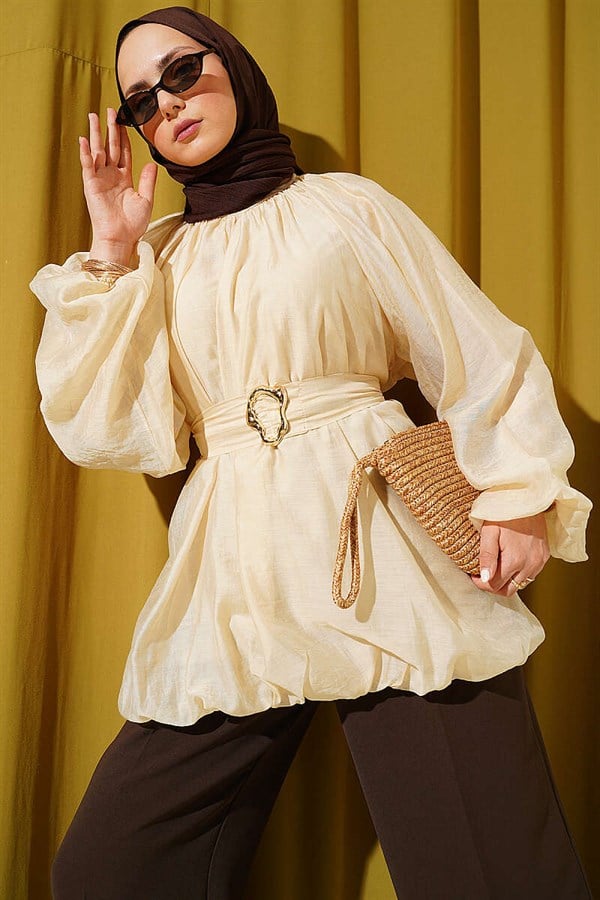 Balloon Sleeve Tunic with Gold Buckle Belt, Beige