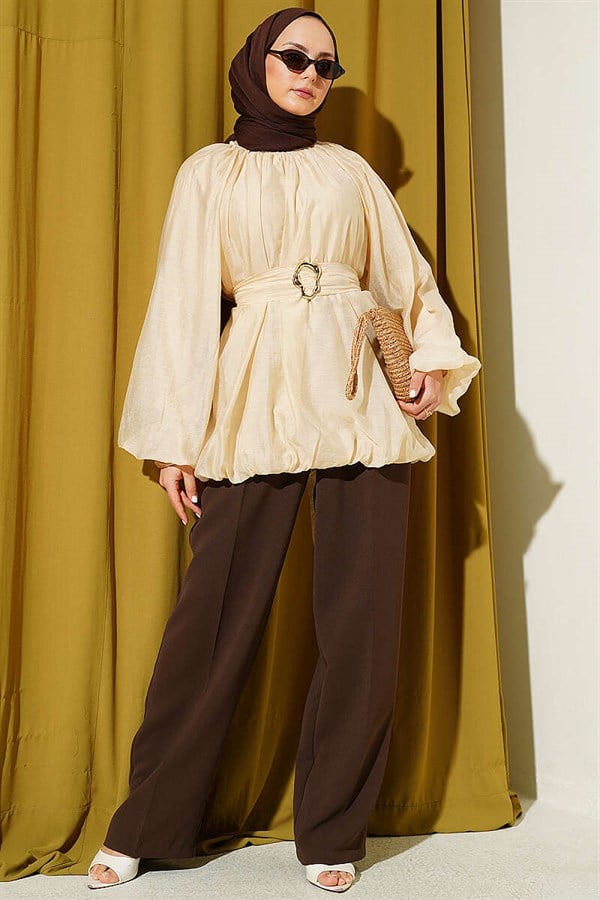 Balloon Sleeve Tunic with Gold Buckle Belt, Beige