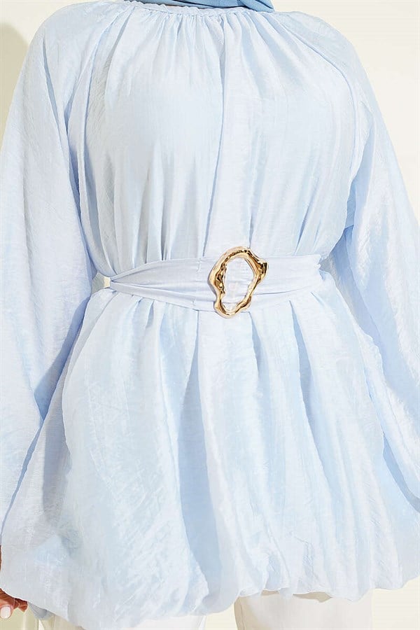 Balloon Sleeve Tunic with Gold Buckle Belt, Blue