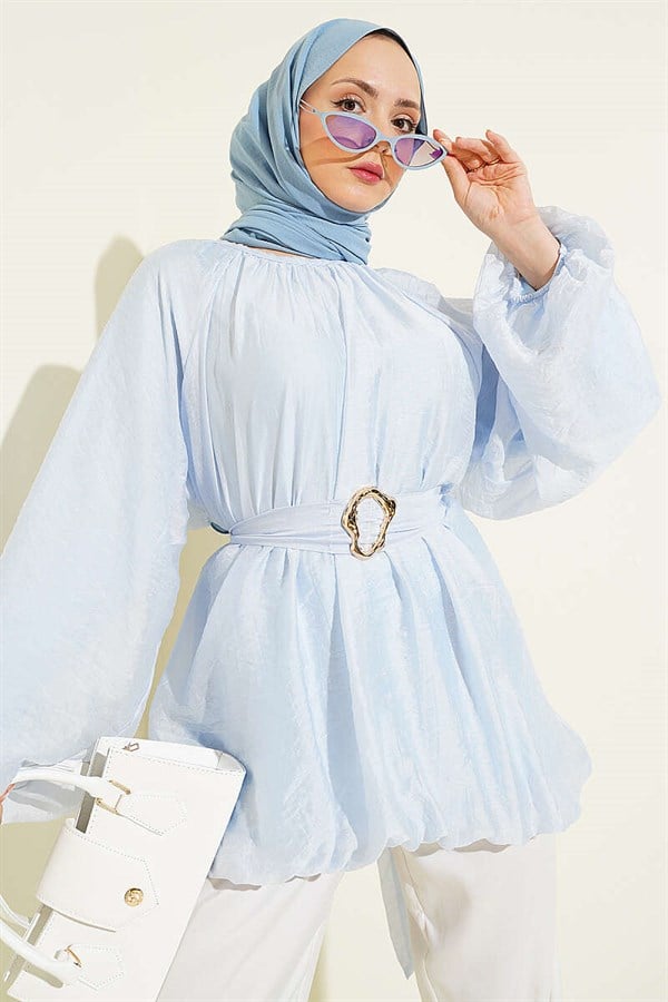 Balloon Sleeve Tunic with Gold Buckle Belt, Blue