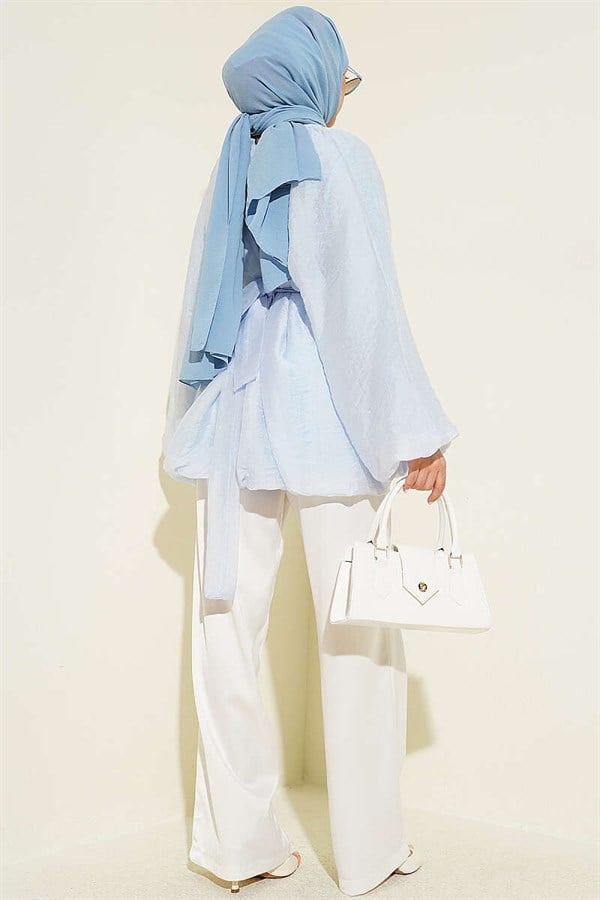 Balloon Sleeve Tunic with Gold Buckle Belt, Blue