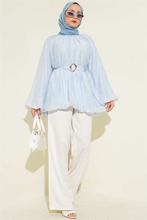 Balloon Sleeve Tunic with Gold Buckle Belt, Blue