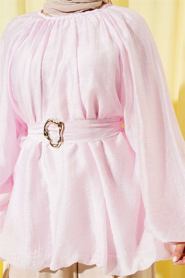 Pink Balloon Sleeve Tunic with Gold Buckle Belt