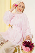 Pink Balloon Sleeve Tunic with Gold Buckle Belt