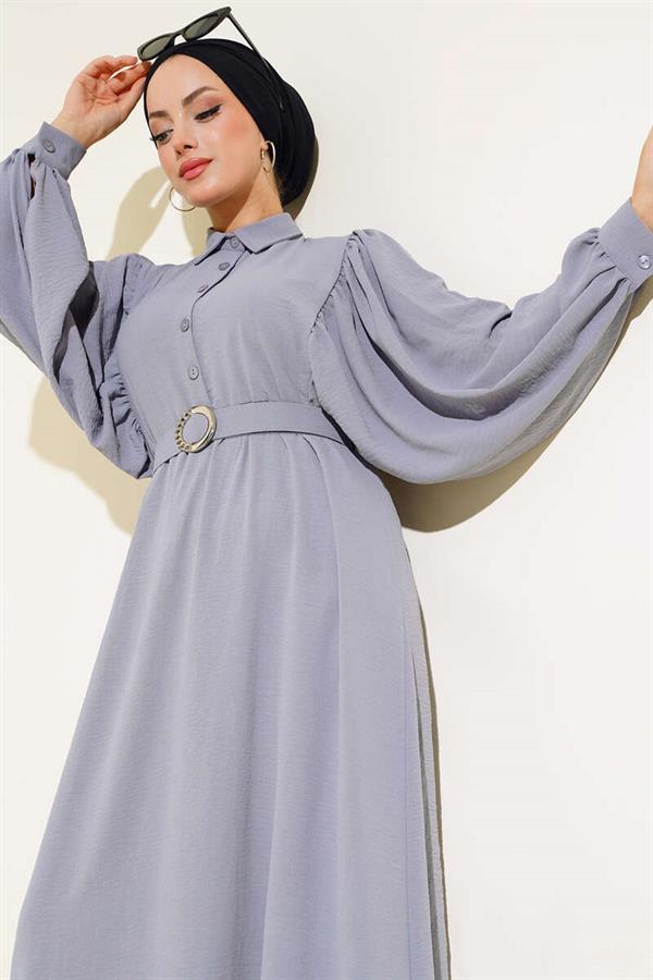 Balloon Sleeve Shirt Collar Dress Gray