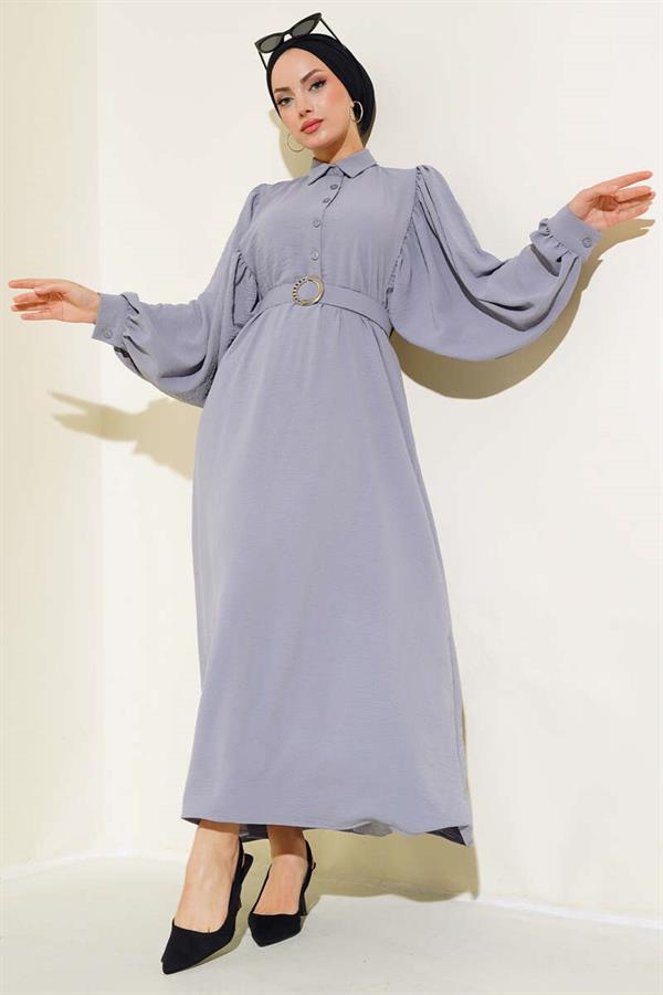 Balloon Sleeve Shirt Collar Dress Gray