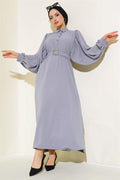 Balloon Sleeve Shirt Collar Dress Gray