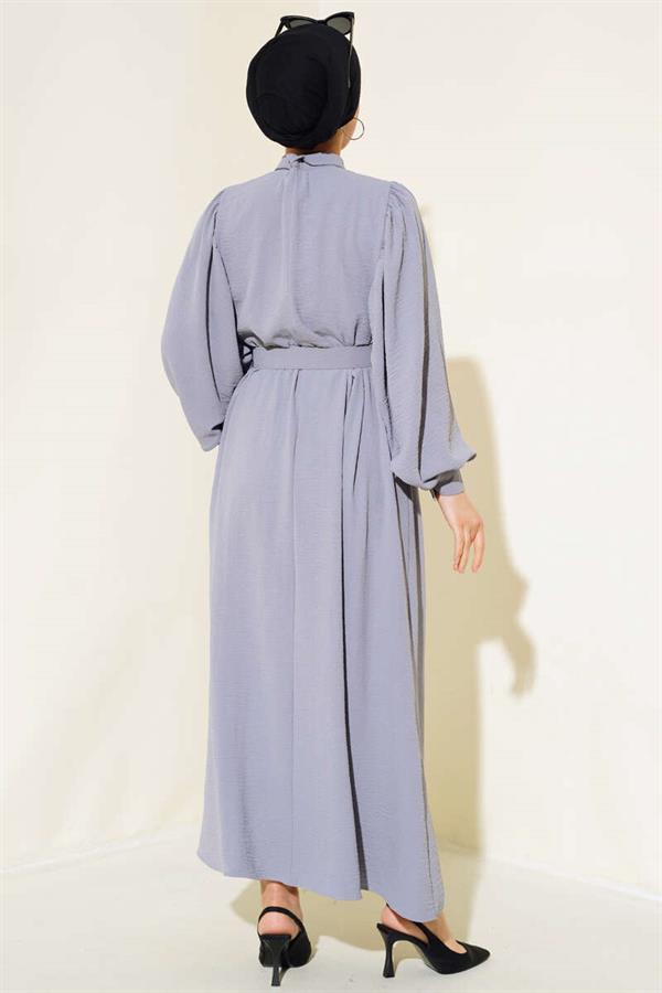 Balloon Sleeve Shirt Collar Dress Gray