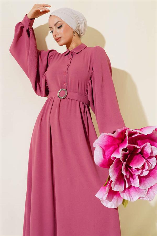 Balloon Sleeve Shirt Collar Dress Dusty Rose