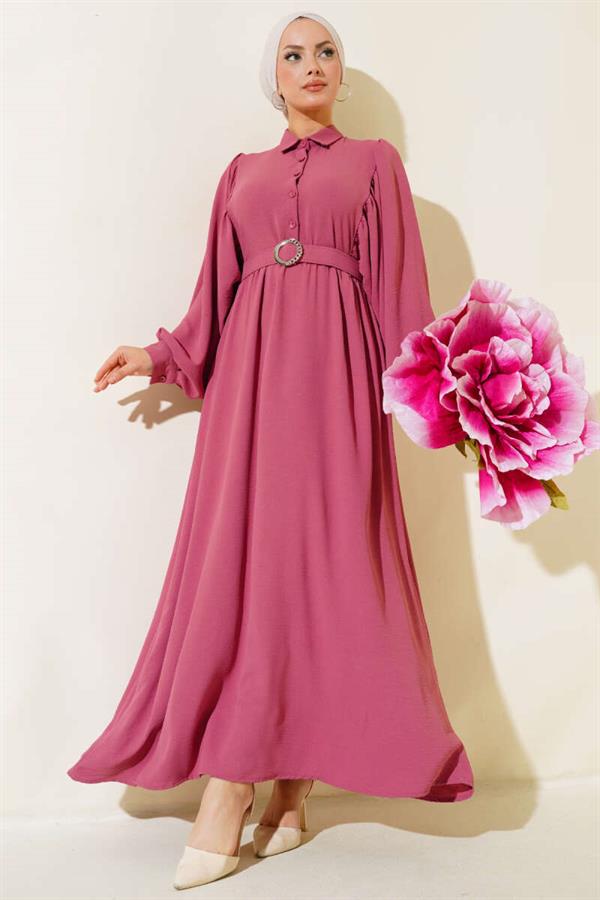 Balloon Sleeve Shirt Collar Dress Dusty Rose