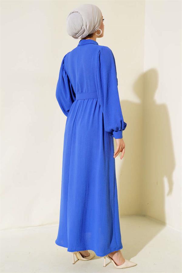 Balloon Sleeve Shirt Collar Dress Saxe
