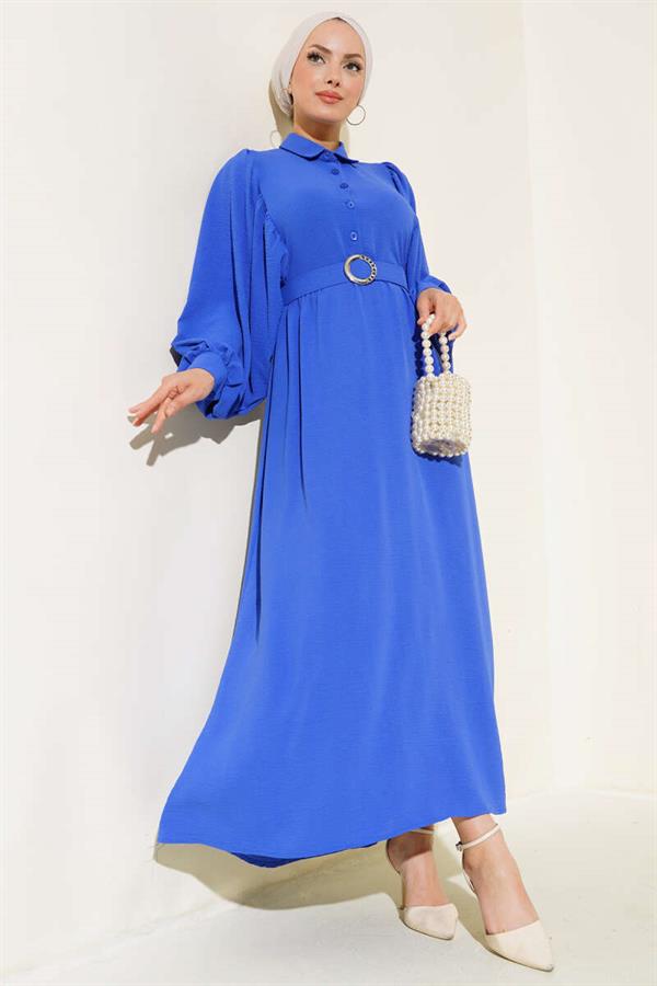 Balloon Sleeve Shirt Collar Dress Saxe