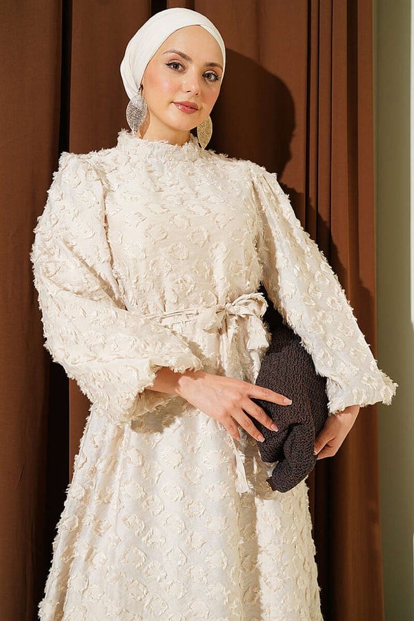 Balloon Sleeve Ring Bearded Dress Beige
