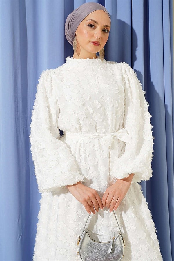 Balloon Sleeve Ring Bearded Dress Ecru