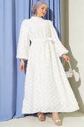 Balloon Sleeve Ring Bearded Dress Ecru