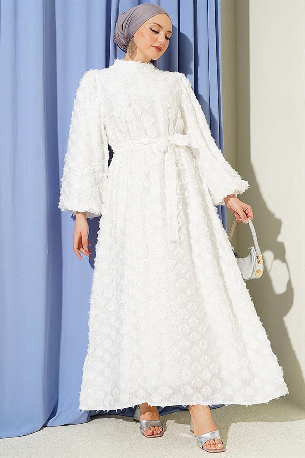 Balloon Sleeve Ring Bearded Dress Ecru