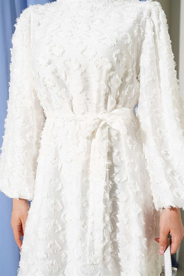 Balloon Sleeve Ring Bearded Dress Ecru