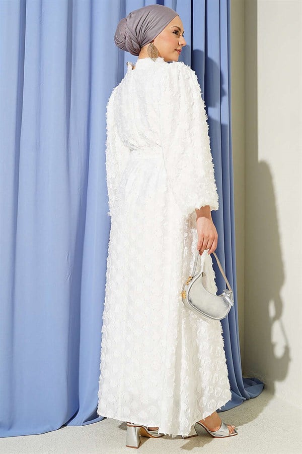 Balloon Sleeve Ring Bearded Dress Ecru